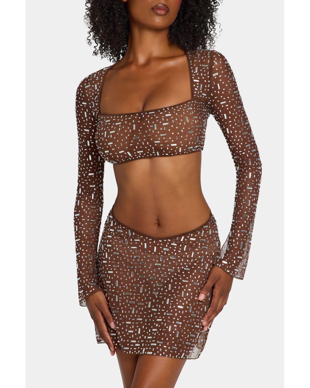 Oh Polly Brown Sheer Embellished V Waist Mini Skirt
