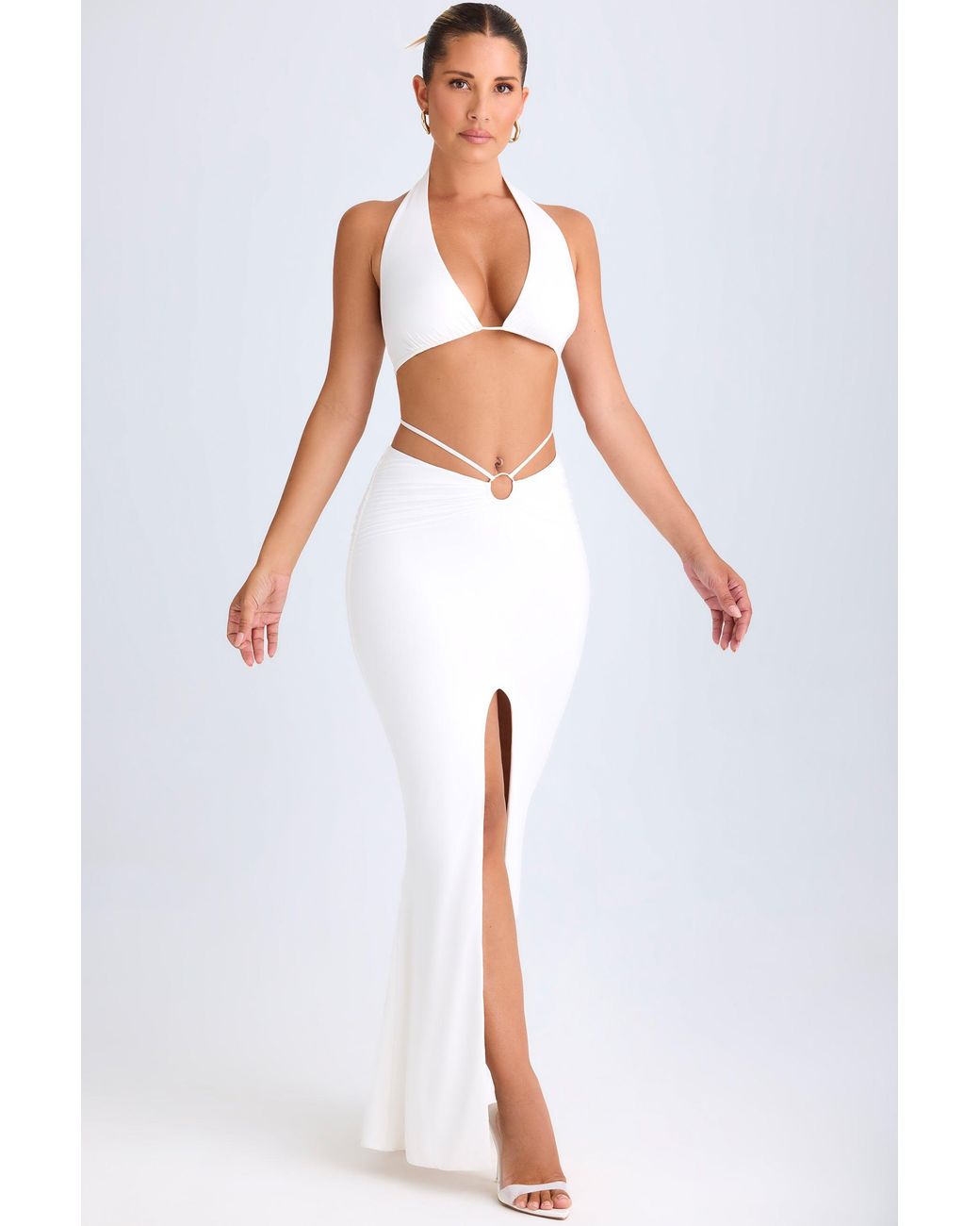 Oh Polly White Hardware-Detail Mid-Rise Maxi Skirt