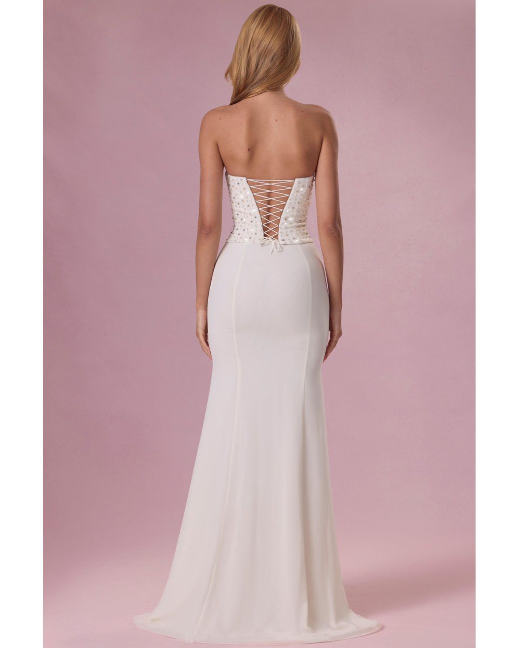 Oh Polly White Embellished Corset Strapless Gown