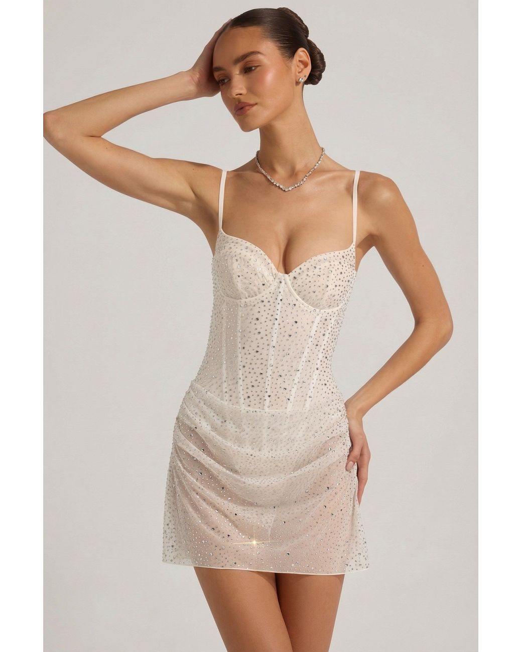 Oh Polly White Semi-Sheer Embellished Draped Corset Mini Dress