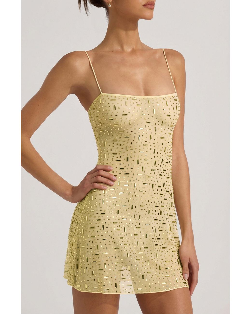 Oh Polly Yellow Sheer Embellished Square-Neck Mini Dress