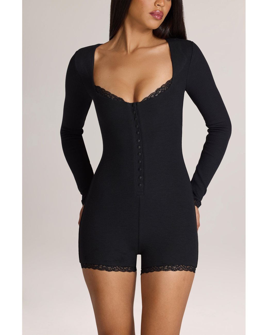 Oh Polly Black Ribbed Modal Lace-Trim Romper