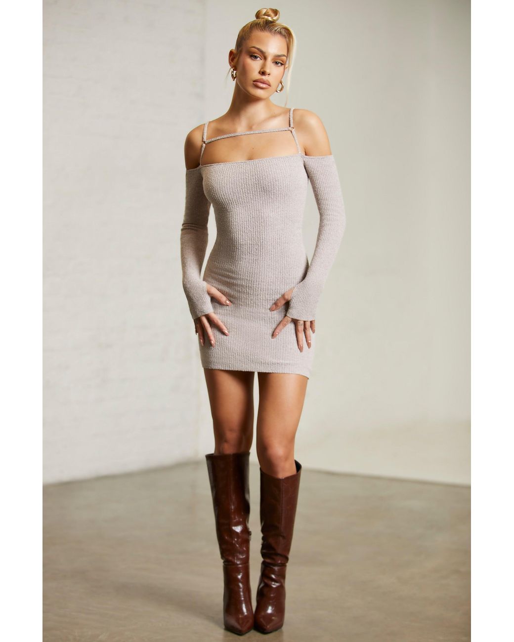 Oh Polly Natural Cold Shoulder Long Sleeve Mini Dress