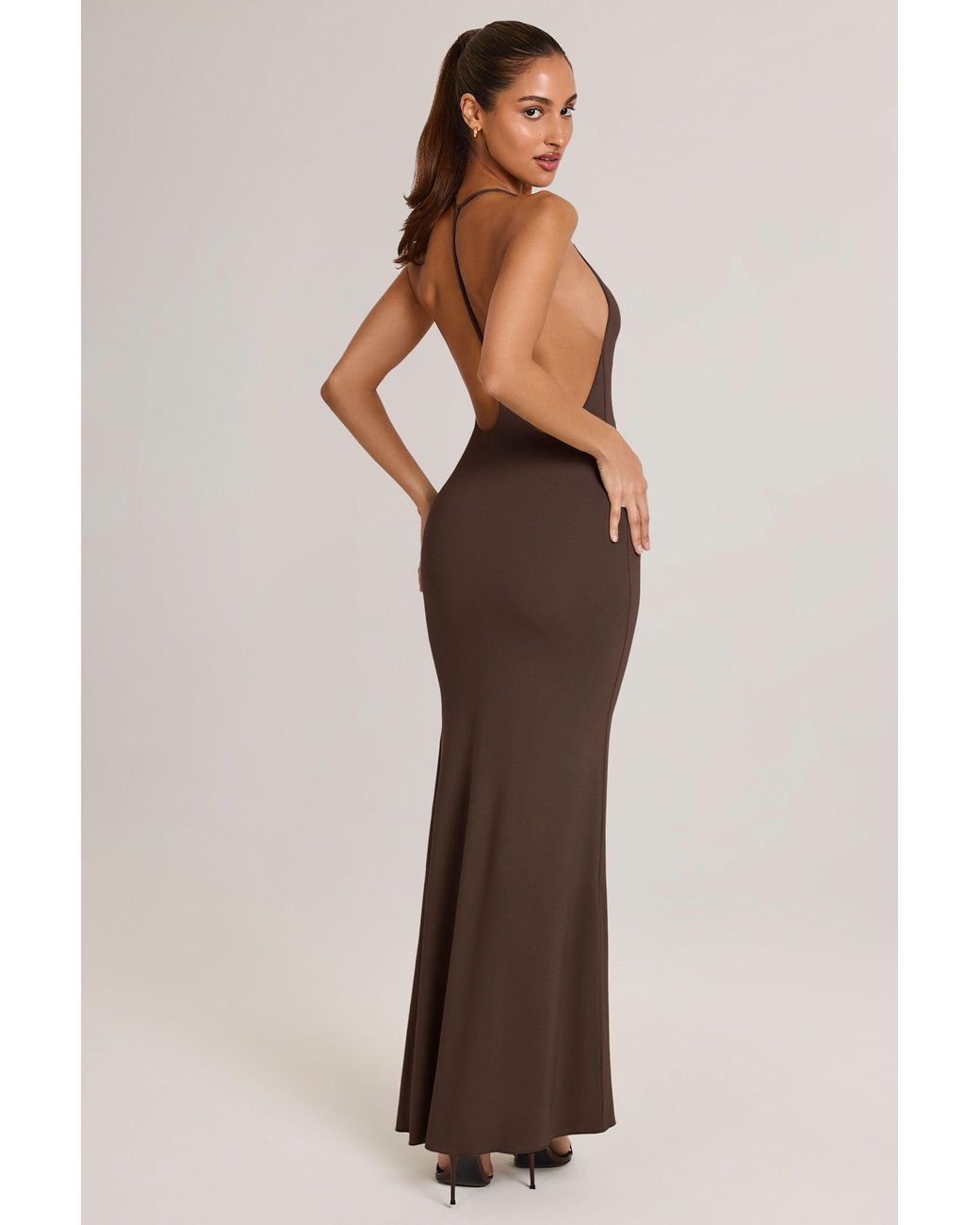 Oh Polly Brown Modal Plunge Backless Maxi Dress