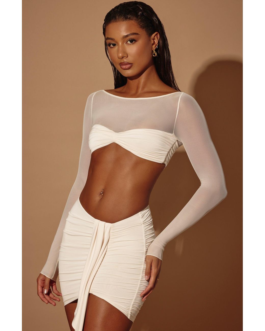 Oh Polly White Sheer Panelled Long Sleeve Crop Top