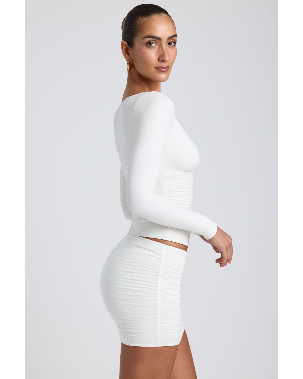 Oh Polly White Modal Ruched Long-Sleeve Top