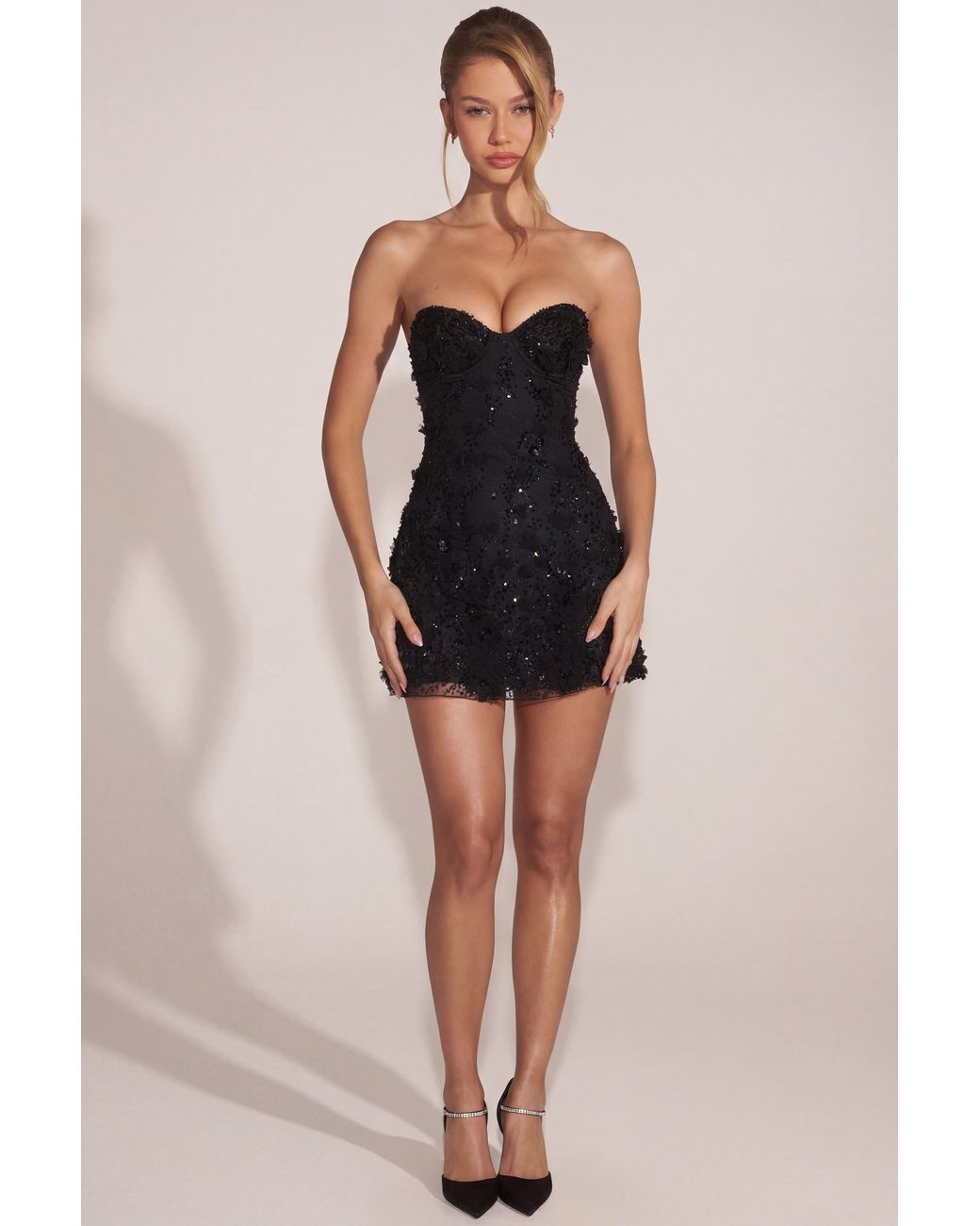 Oh Polly Black Embellished Appliqué Sweetheart Mini Dress