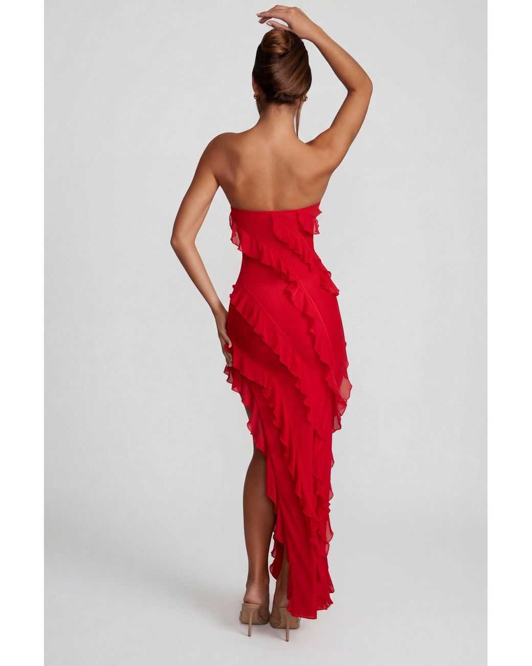 Oh Polly Red Bandeau Ruffle Detail Maxi Dress