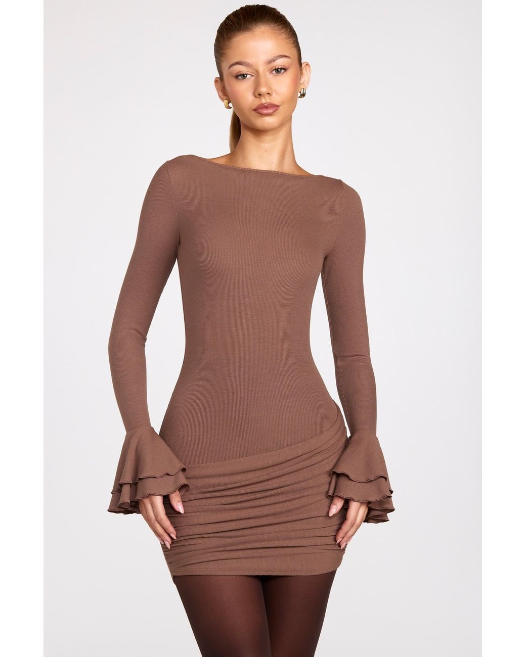 Oh Polly Brown Ribbed Modal Long-Sleeve Draped Mini Dress