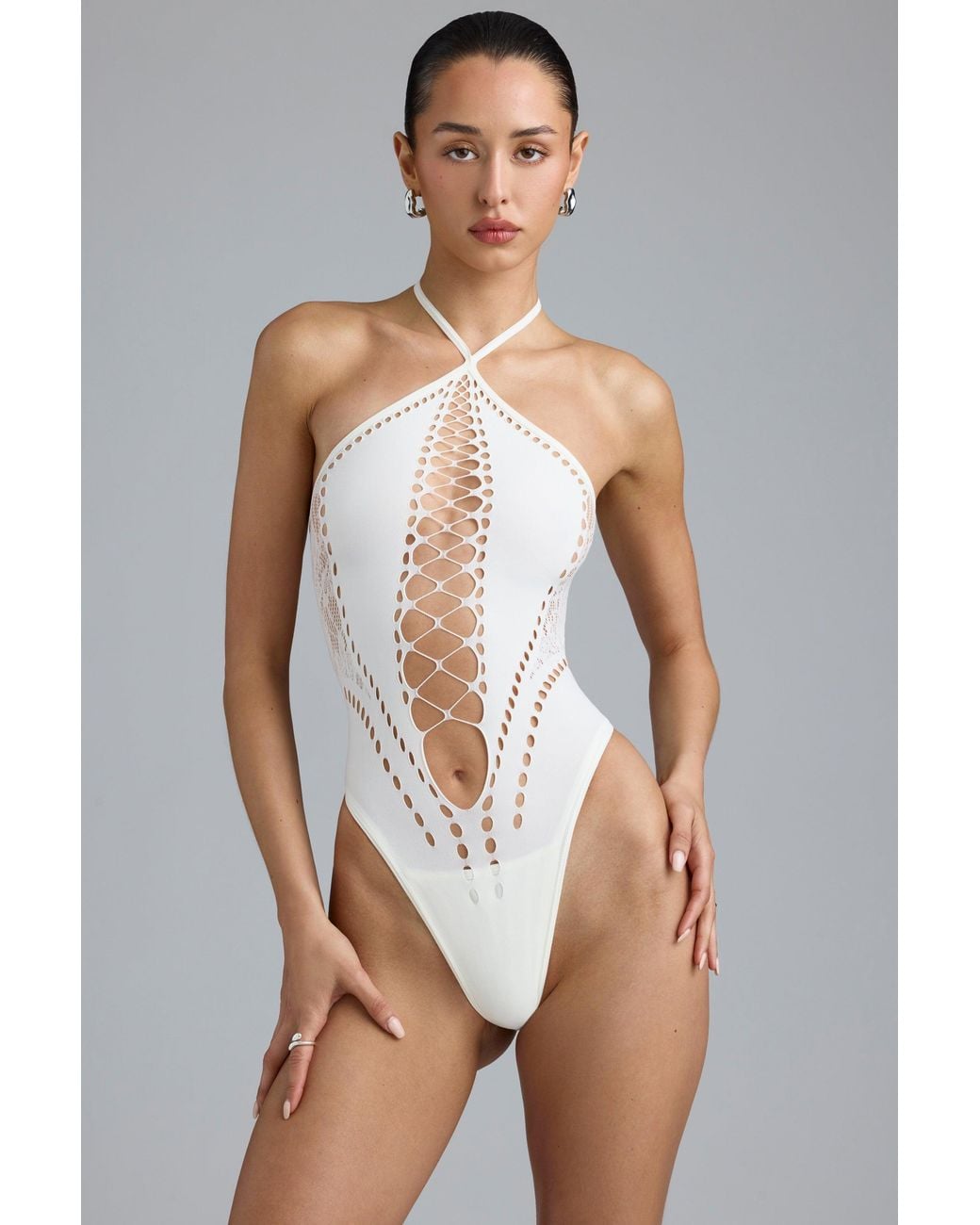 Oh Polly White Lace-Up Halterneck Bodysuit
