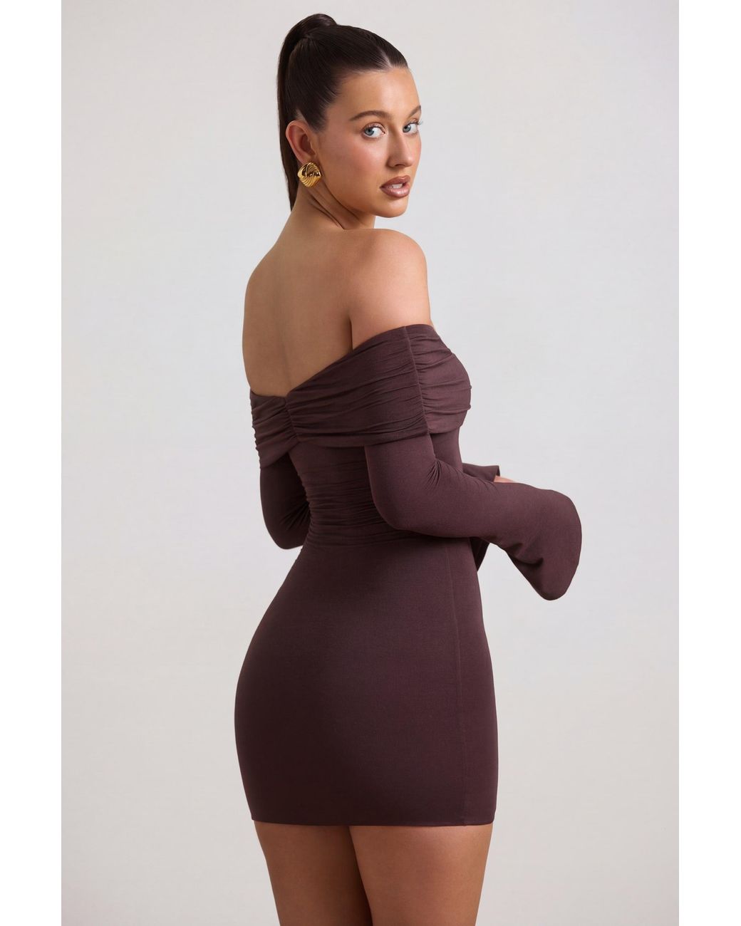 Oh Polly Brown Modal-Cashmere Blend Off-Shoulder Ruched Mini Dress