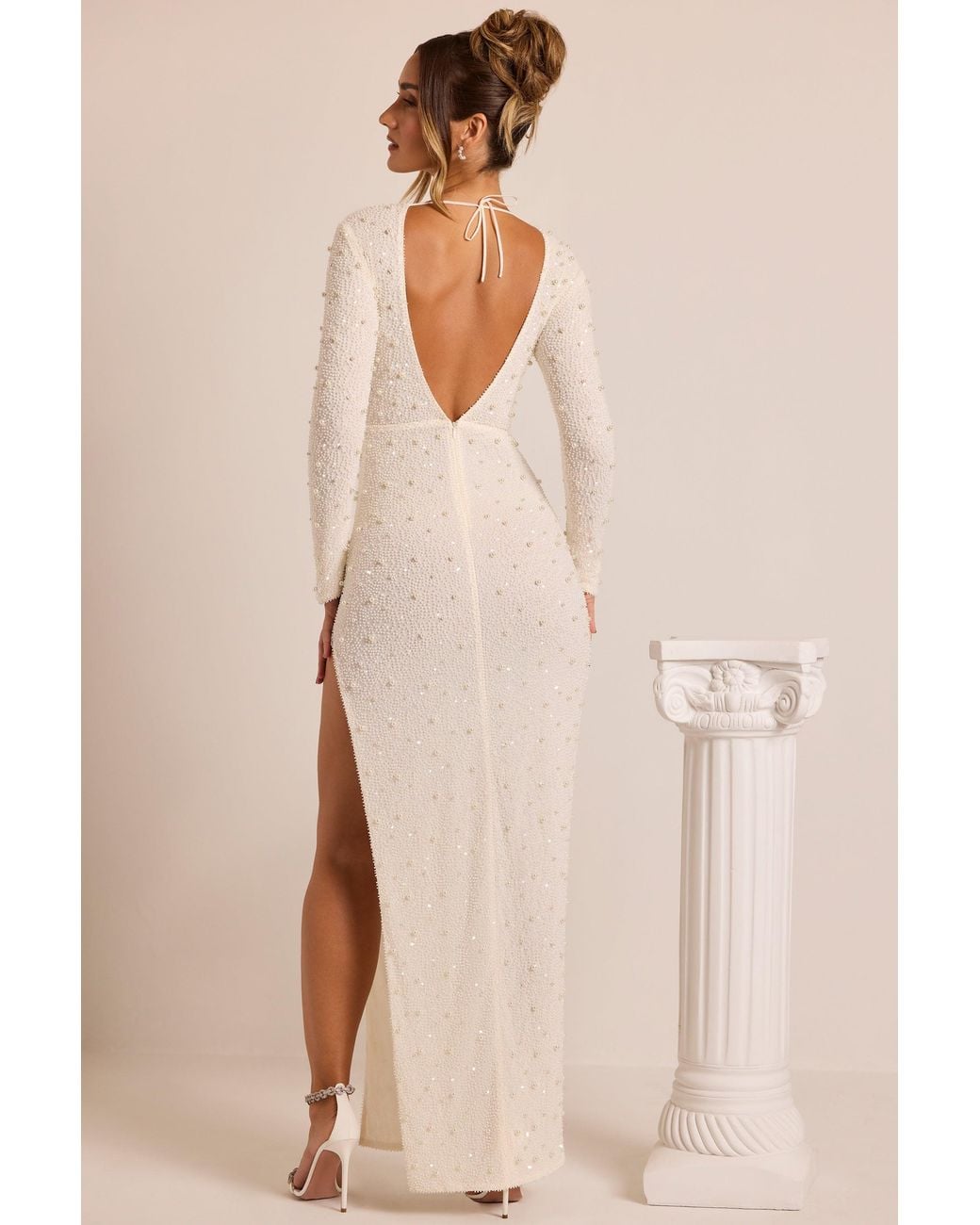 Oh Polly White Embellished Long Sleeve Backless Maxi Dress