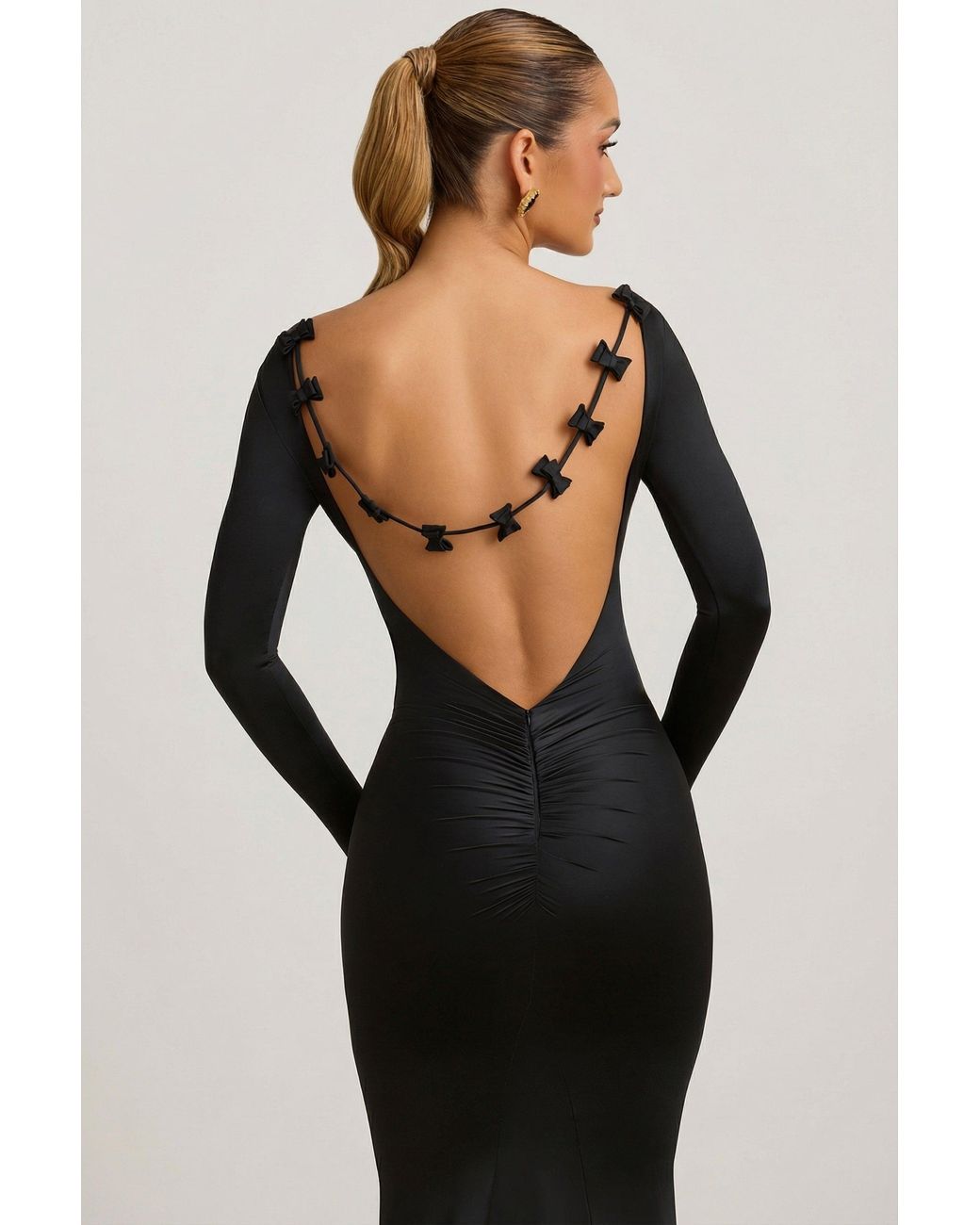 Oh Polly Black Bow-Detail Ruched Maxi Dress