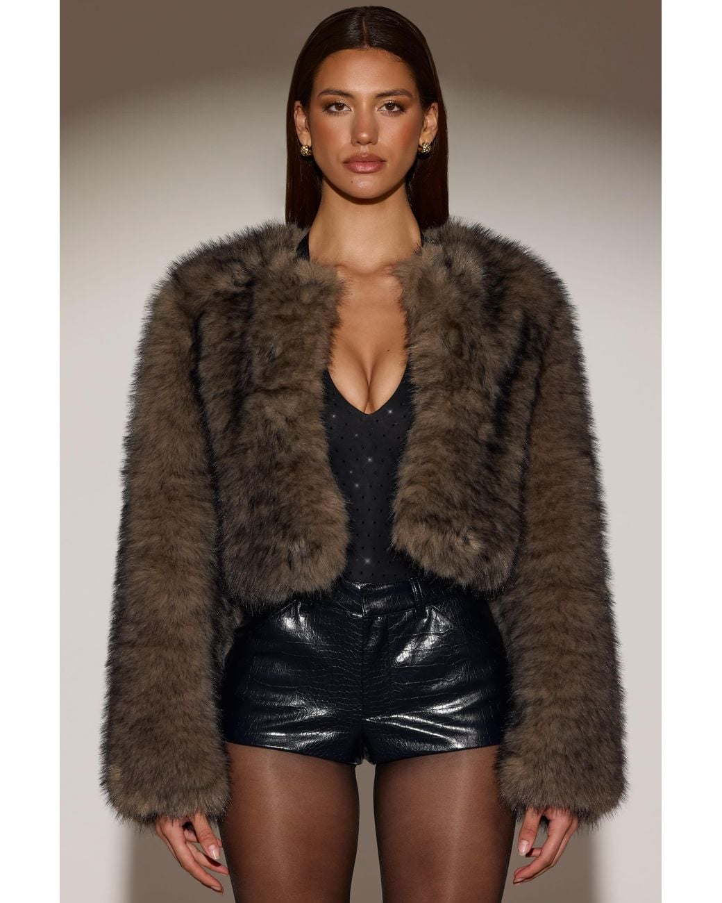 Oh Polly Brown Cropped Faux-Fur Jacket