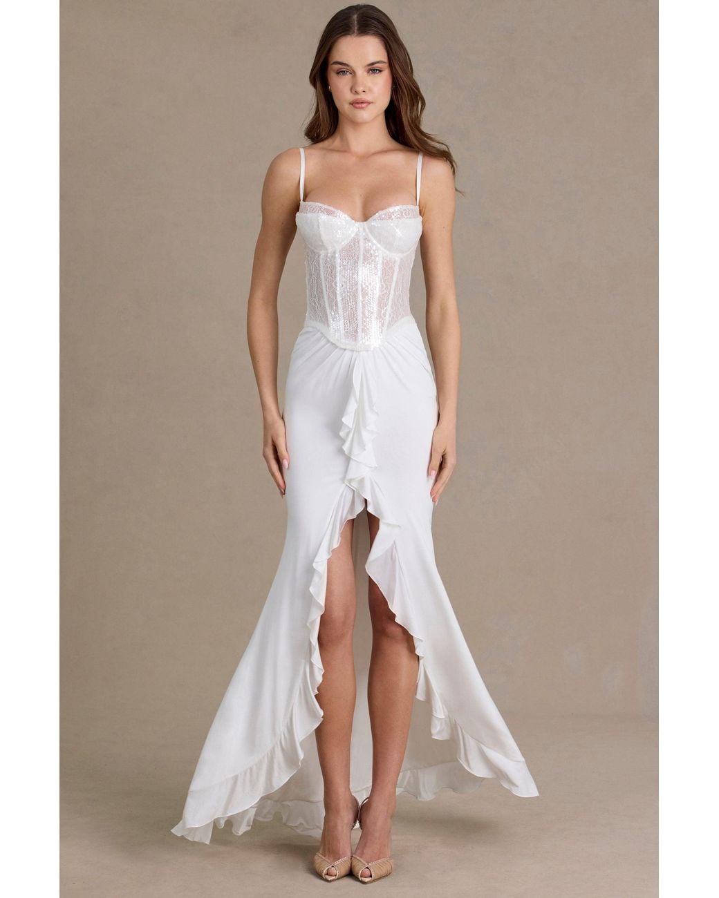 Oh Polly White Embellished Lace Corset Gown