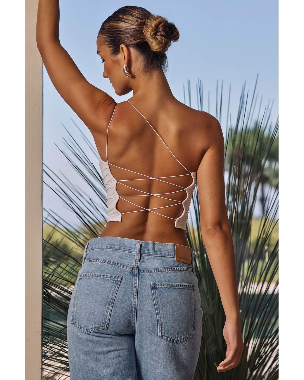 Oh Polly White One-Shoulder Lace-Up Top