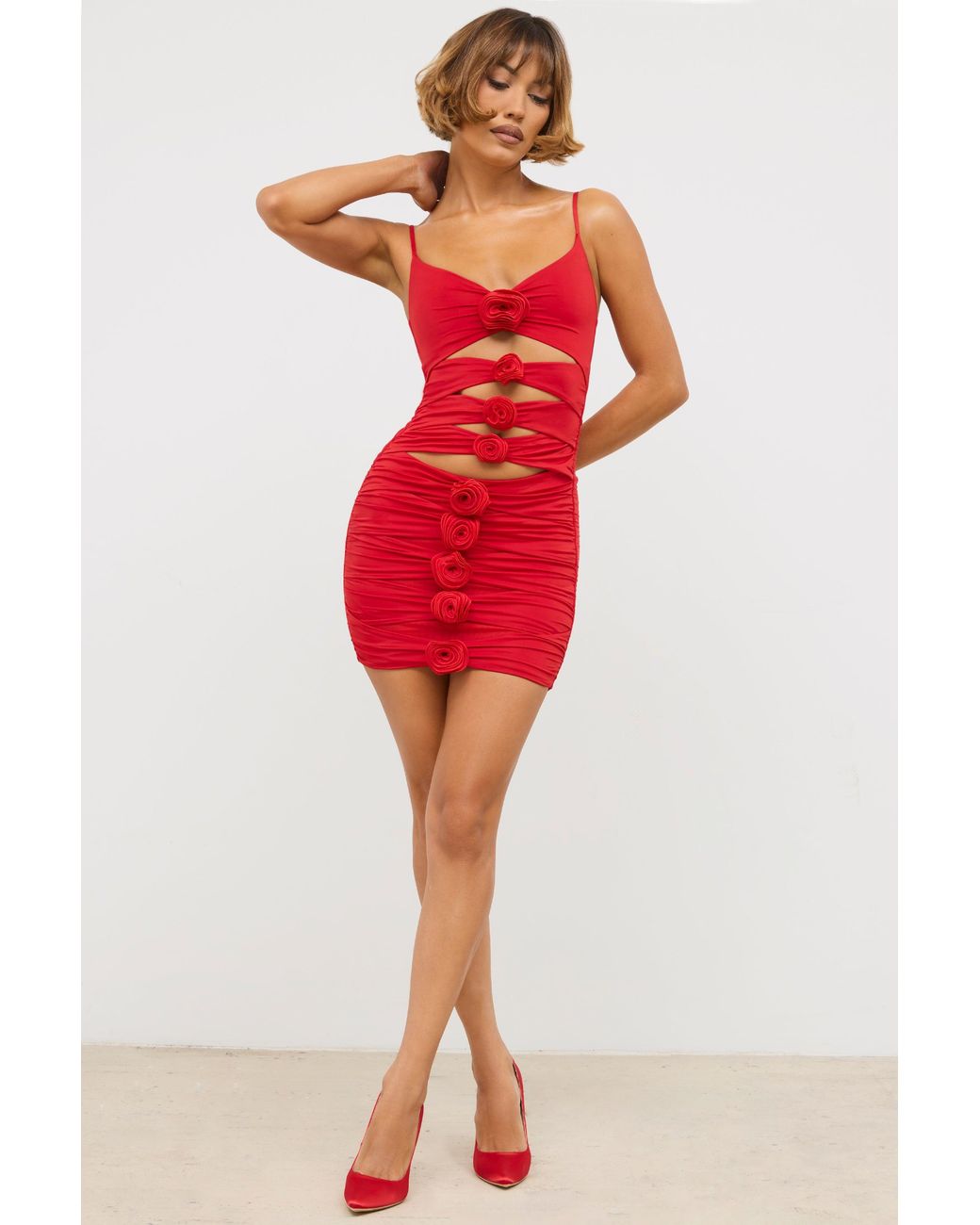 Oh Polly Red Slinky Jersey Rose Detail Cut Out Mini Dress