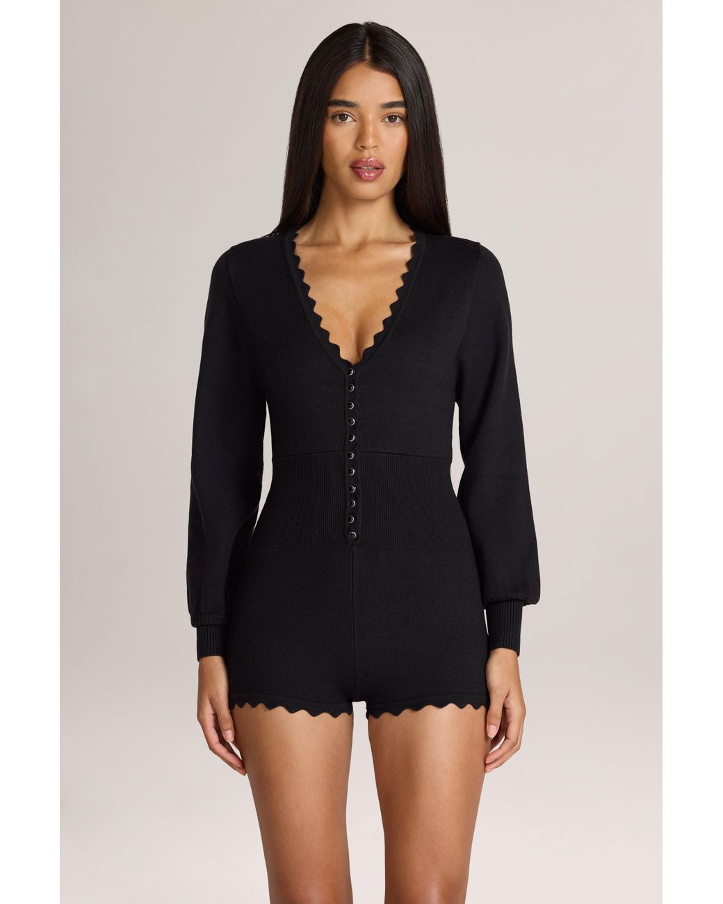 Oh Polly Black Knit Long-Sleeve Romper