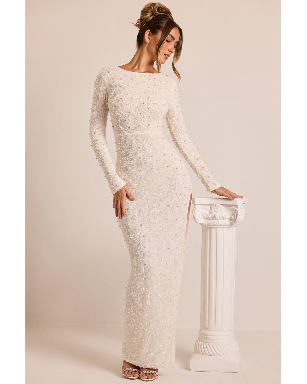 Oh Polly White Embellished Long Sleeve Backless Maxi Dress