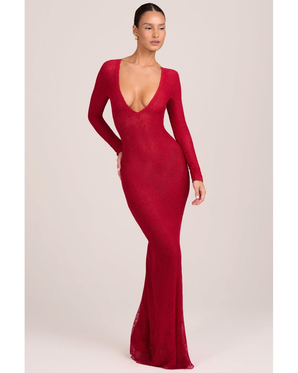 Oh Polly Red Lace Long-Sleeve Maxi Dress