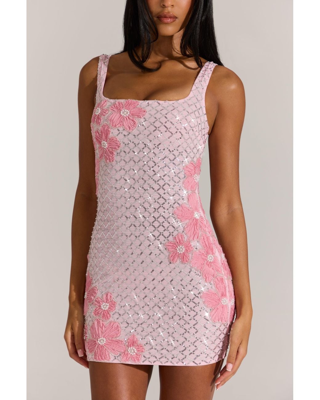 Oh Polly Pink Embellished Square-Neck Mini Dress