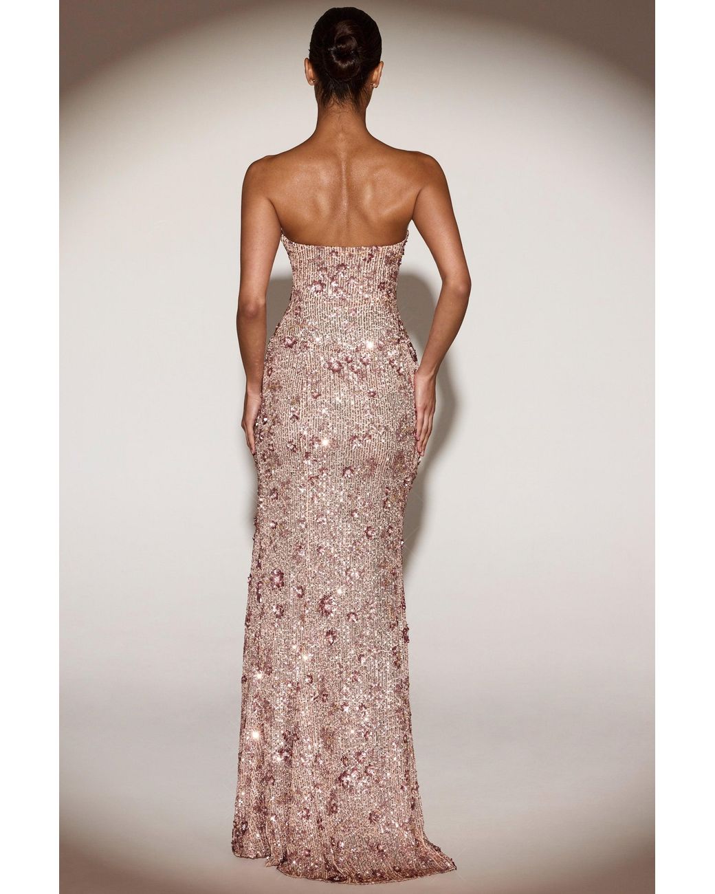 Oh Polly Natural Embellished Bandeau-Neck Strapless Gown