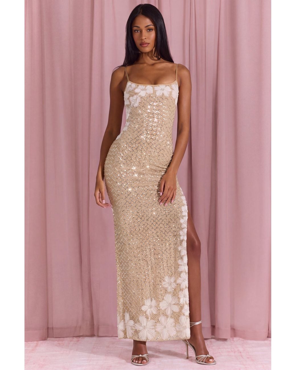 Oh Polly Metallic Embellished Square-Neck Maxi Dress