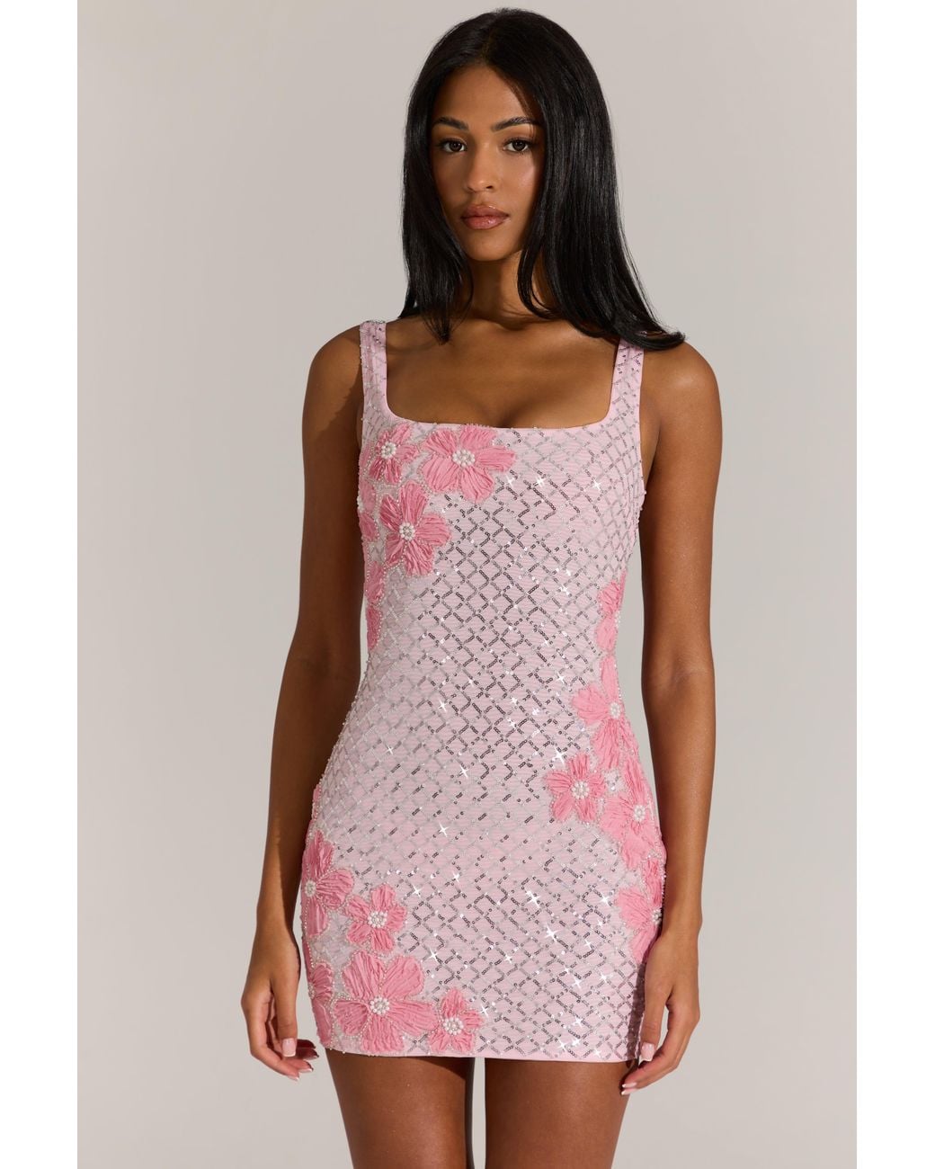 Oh Polly Pink Embellished Square-Neck Mini Dress