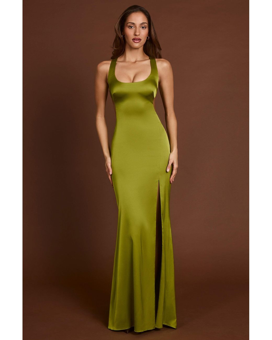 Oh Polly Green Scoop-Neck Lace-Up Back Maxi Dress