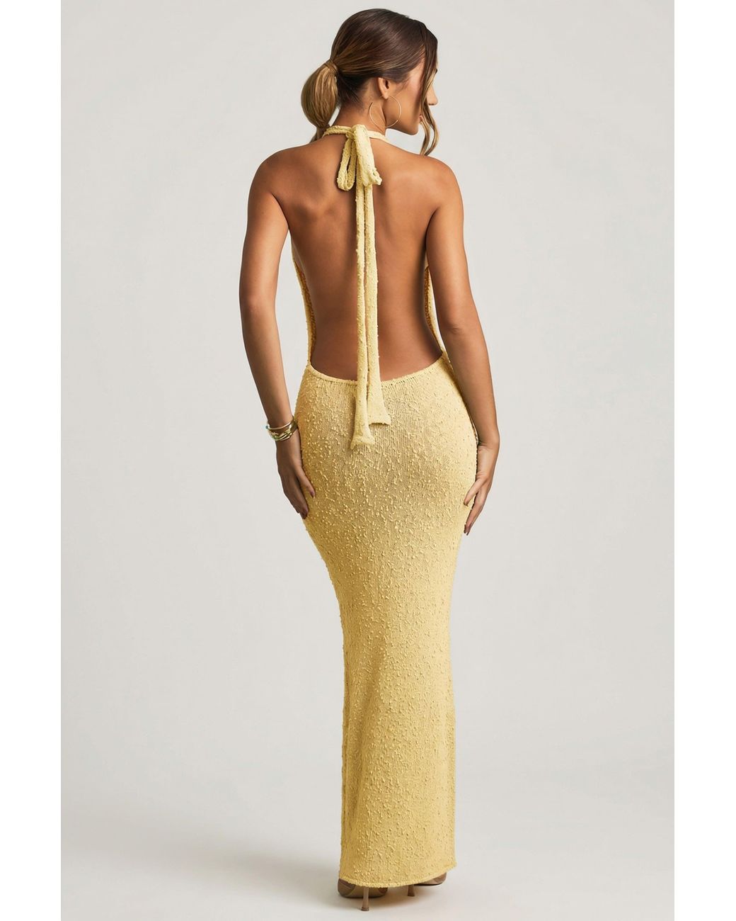 Oh Polly Yellow Bouclé Halterneck Maxi Dress
