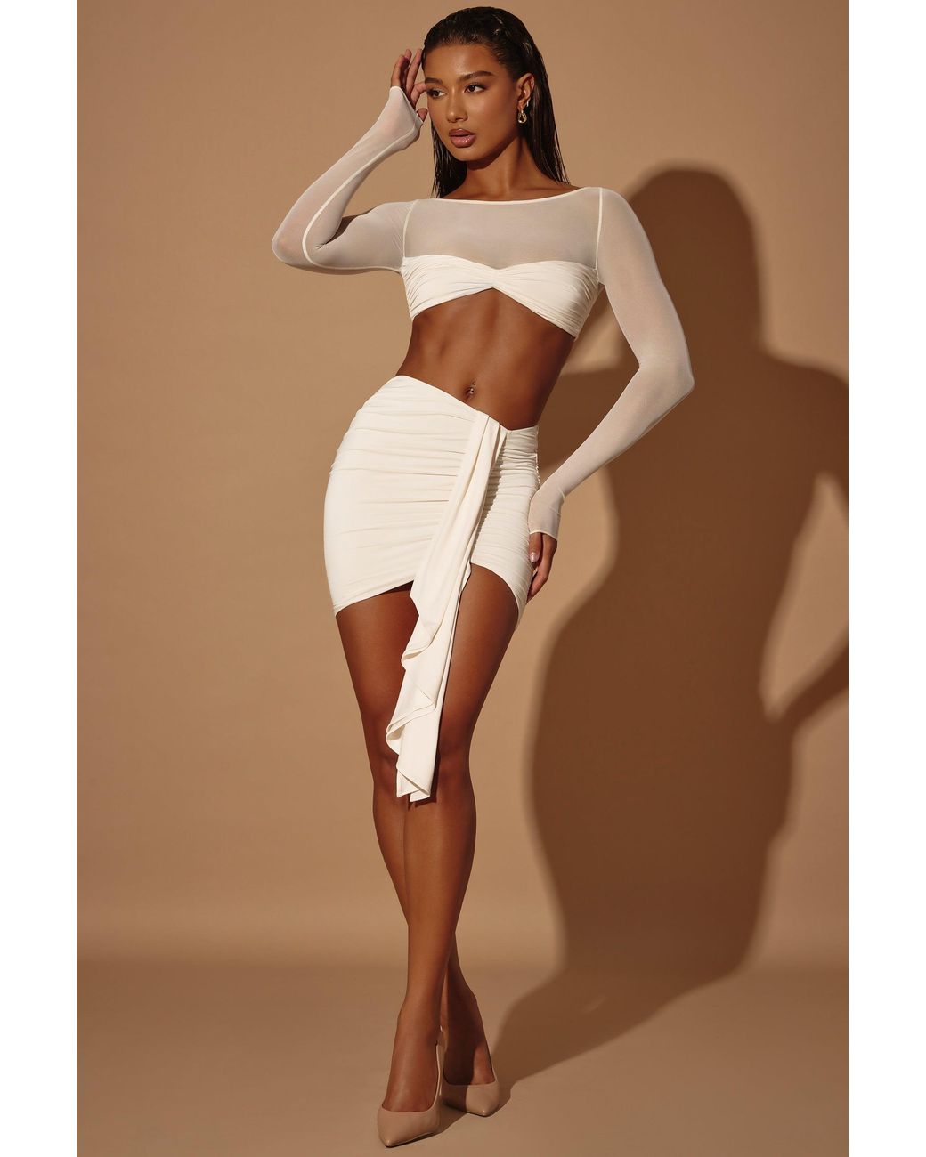 Oh Polly White Sheer Panelled Long Sleeve Crop Top