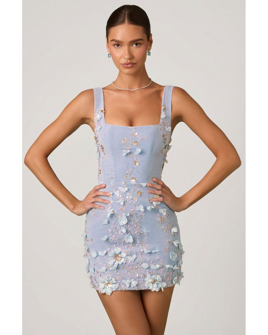 Oh Polly Blue Embellished Appliqué Corset Mini Dress