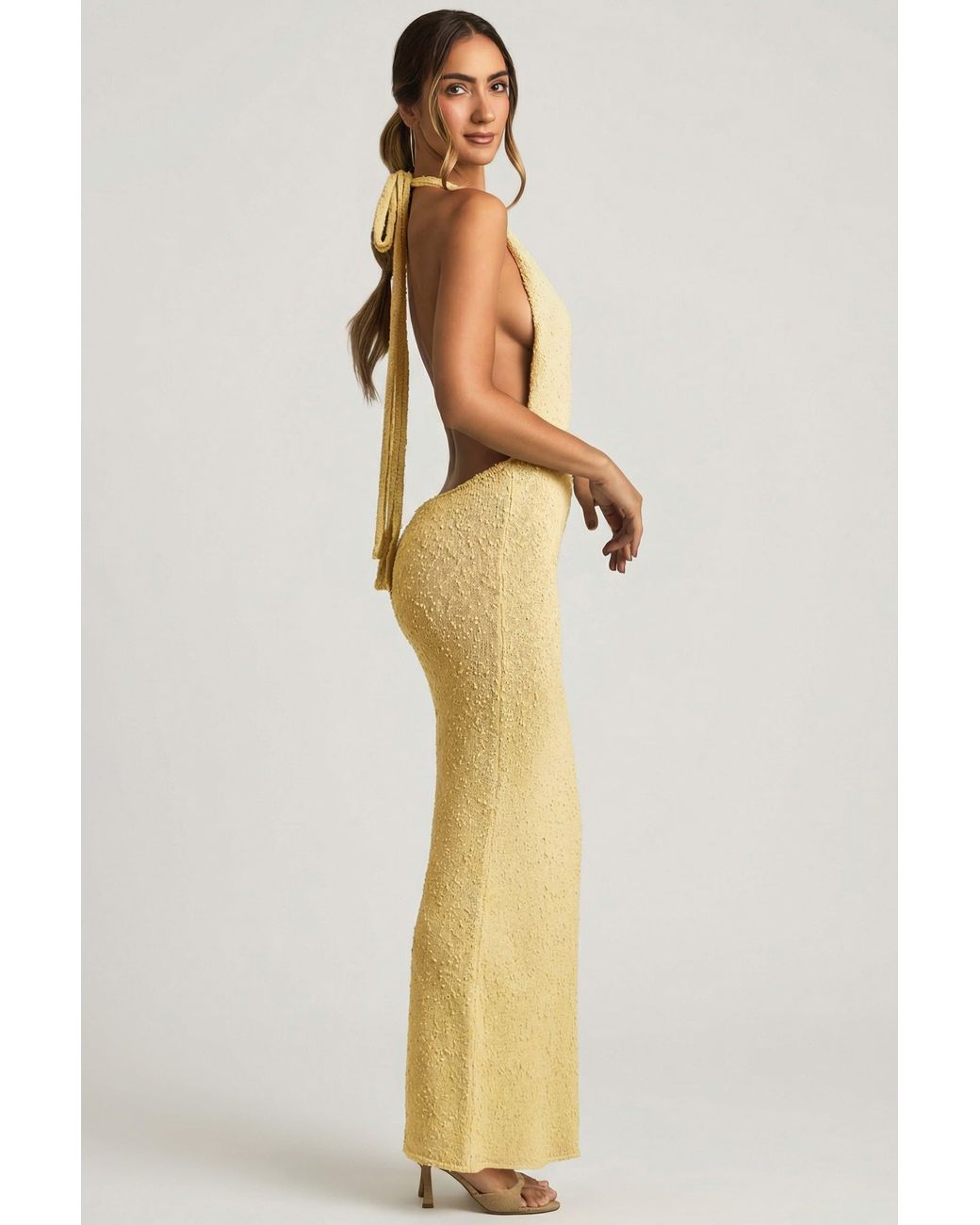Oh Polly Yellow Bouclé Halterneck Maxi Dress