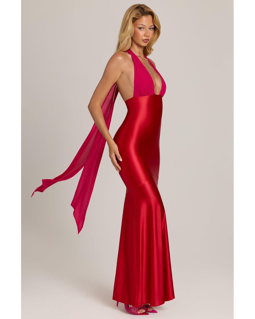 Oh Polly Red Satin Jersey Maxi Dress