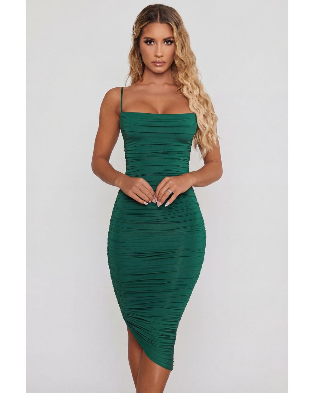 Oh Polly Green Cowl Neck Ruched Bodycon Midi Dress