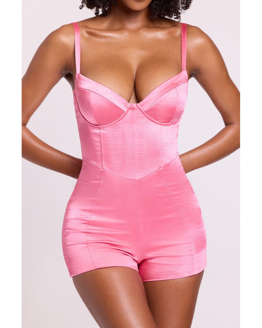 Oh Polly Pink Satin Corset Mini Playsuit