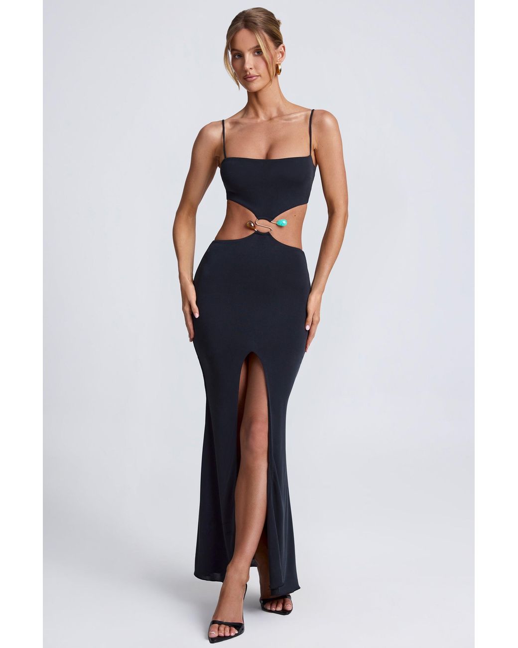 Oh Polly Black Hardware Detail Cut-Out Maxi Dress