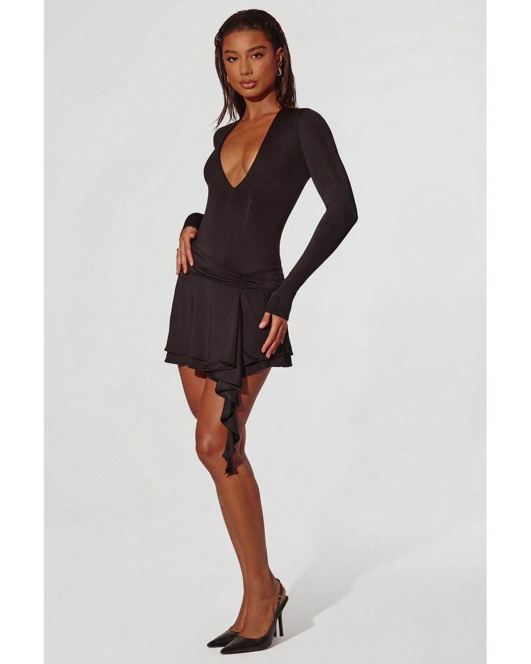 Oh Polly Black Plunge Neck Long Sleeve Mini Dress