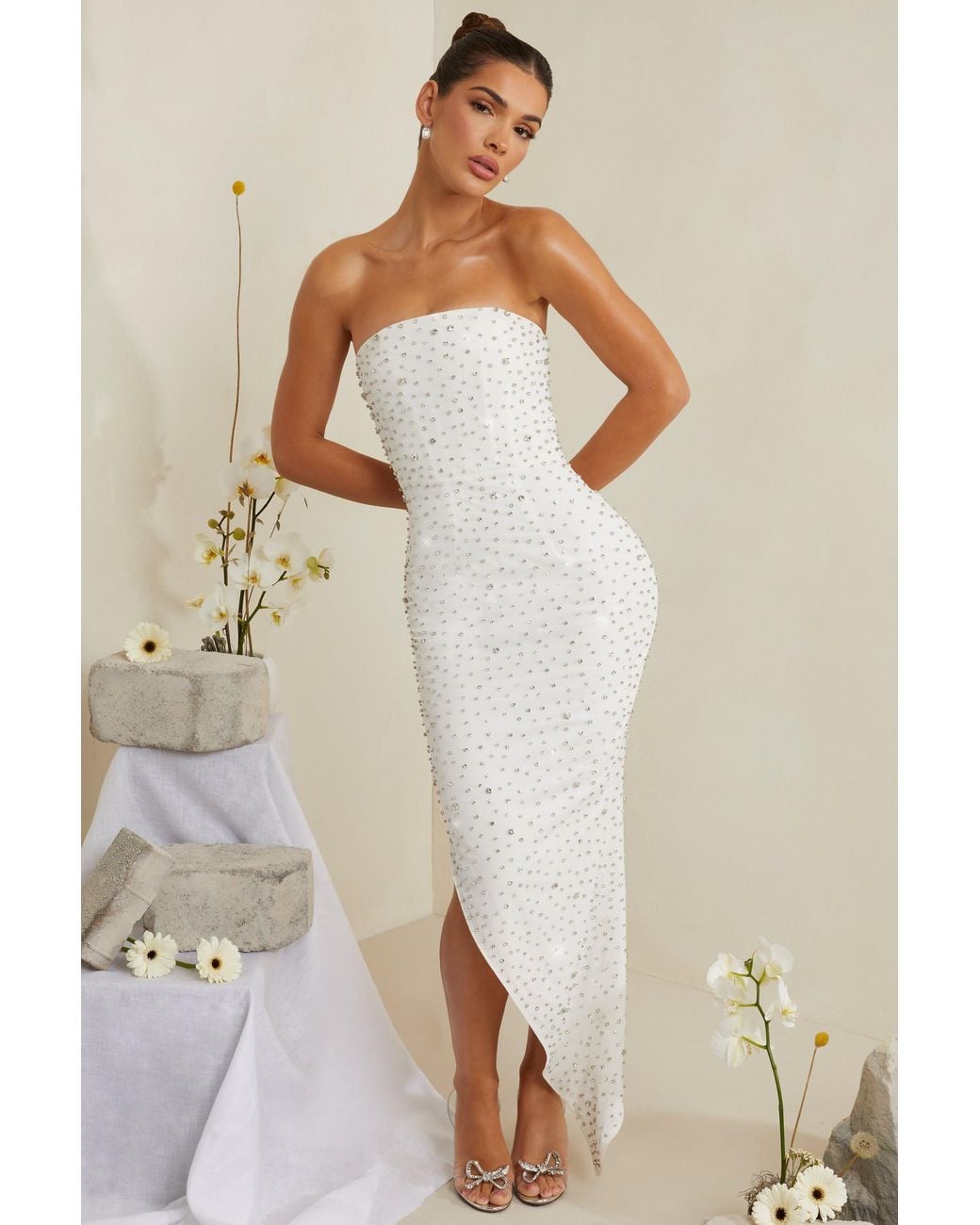 Oh Polly White Hand Embellished Asymmetric Midi Dress