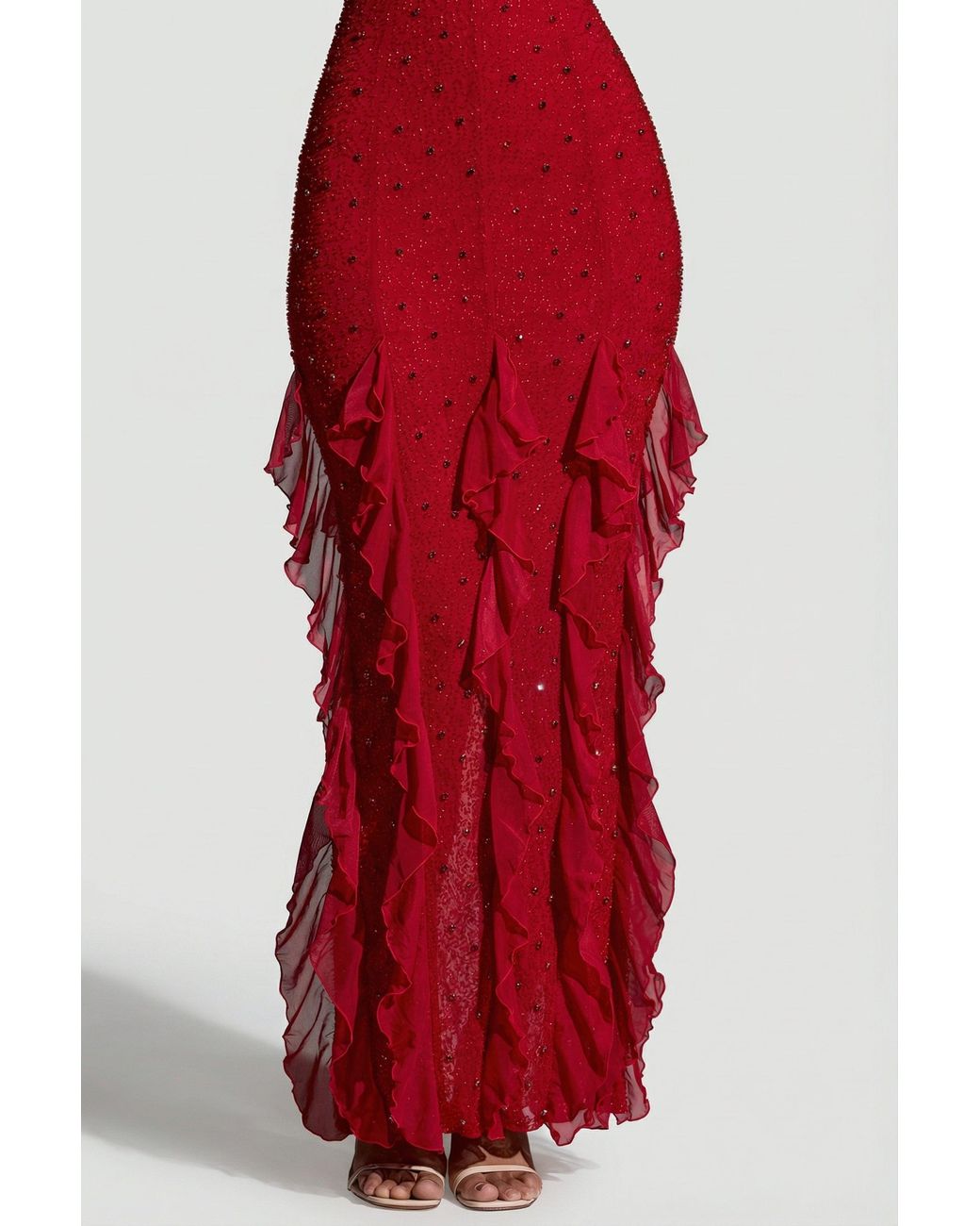 Oh Polly Red Embellished Halter Neck Ruffle Maxi Dress