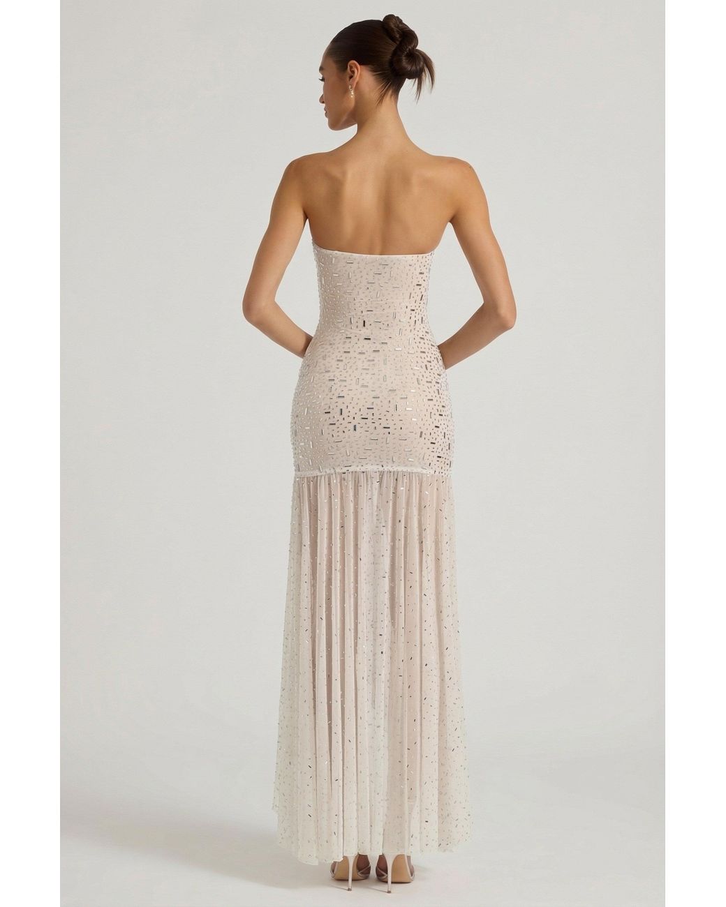 Oh Polly White Semi-Sheer Embellished Asymmetric Maxi Dress