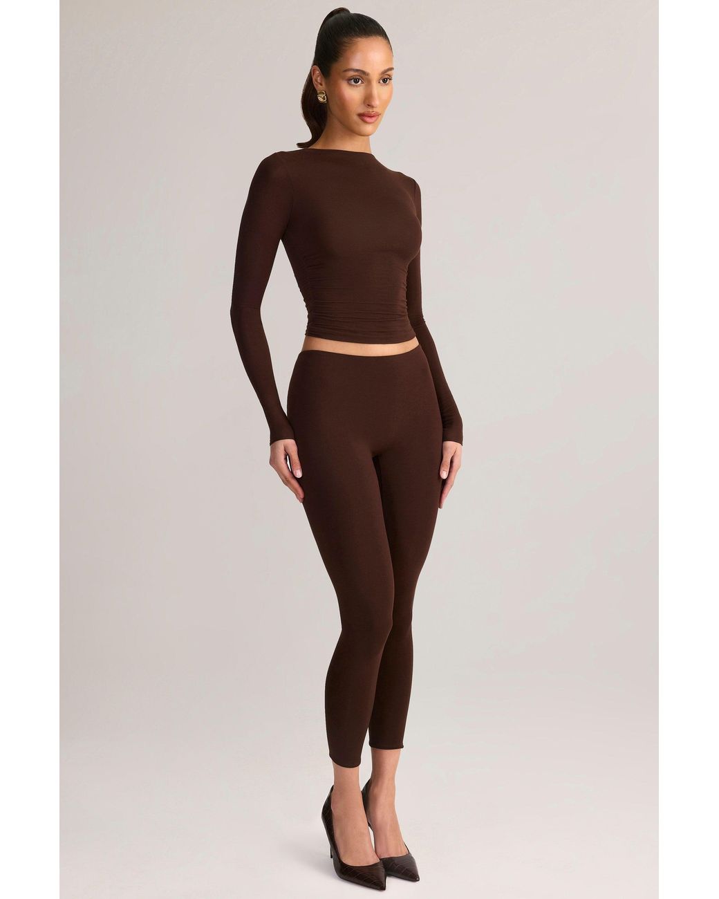 Oh Polly Brown Modal Ruched Long-Sleeve Top