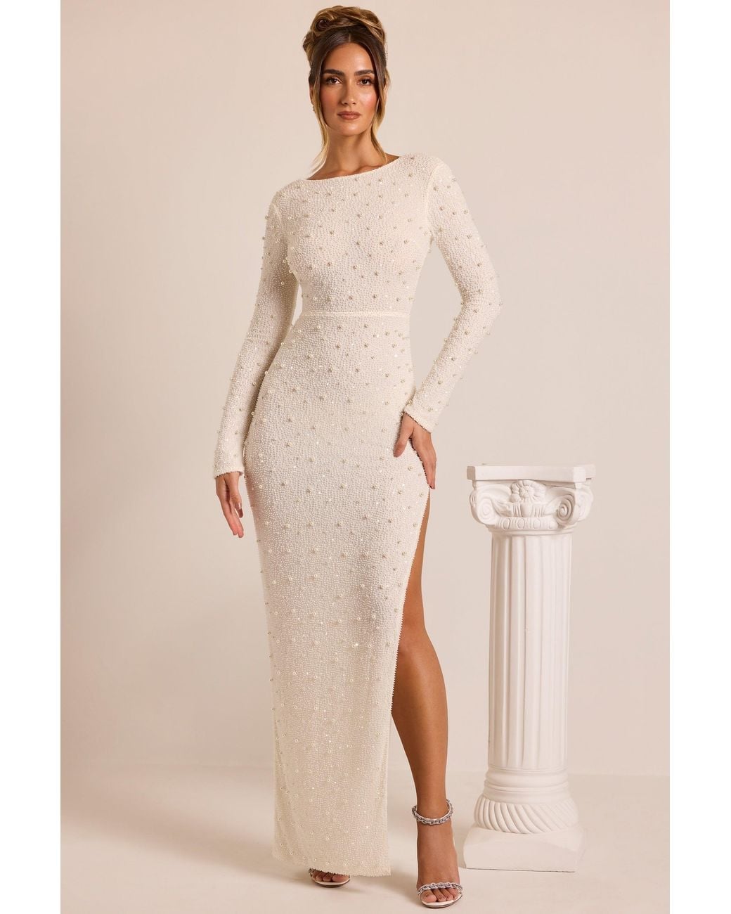 Oh Polly White Embellished Long Sleeve Backless Maxi Dress