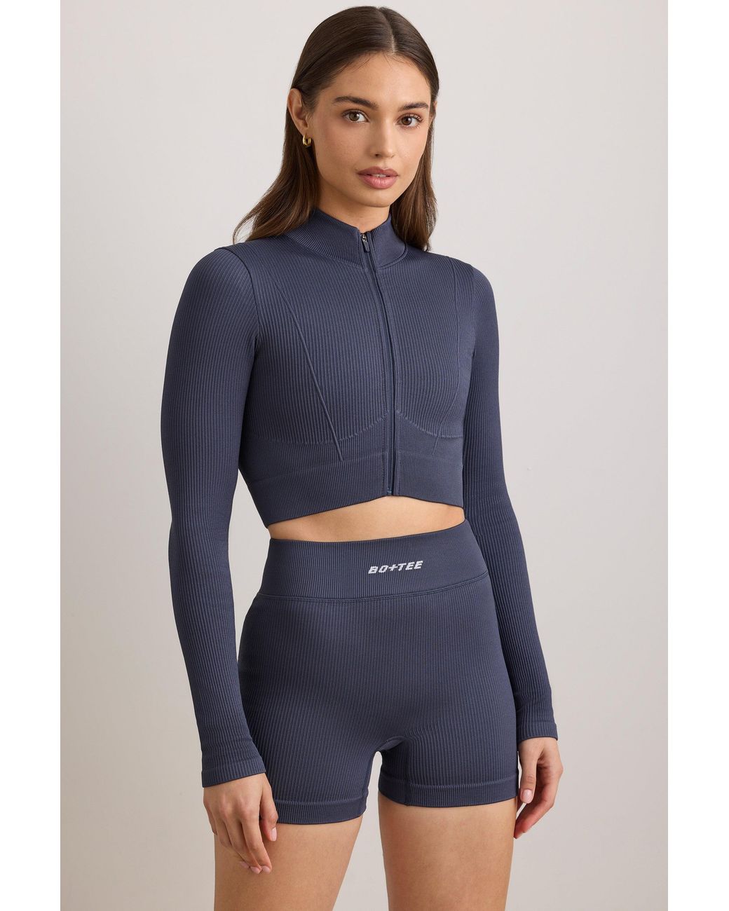 BO+TEE Blue Flexirib Zip-Up Cropped Jacket