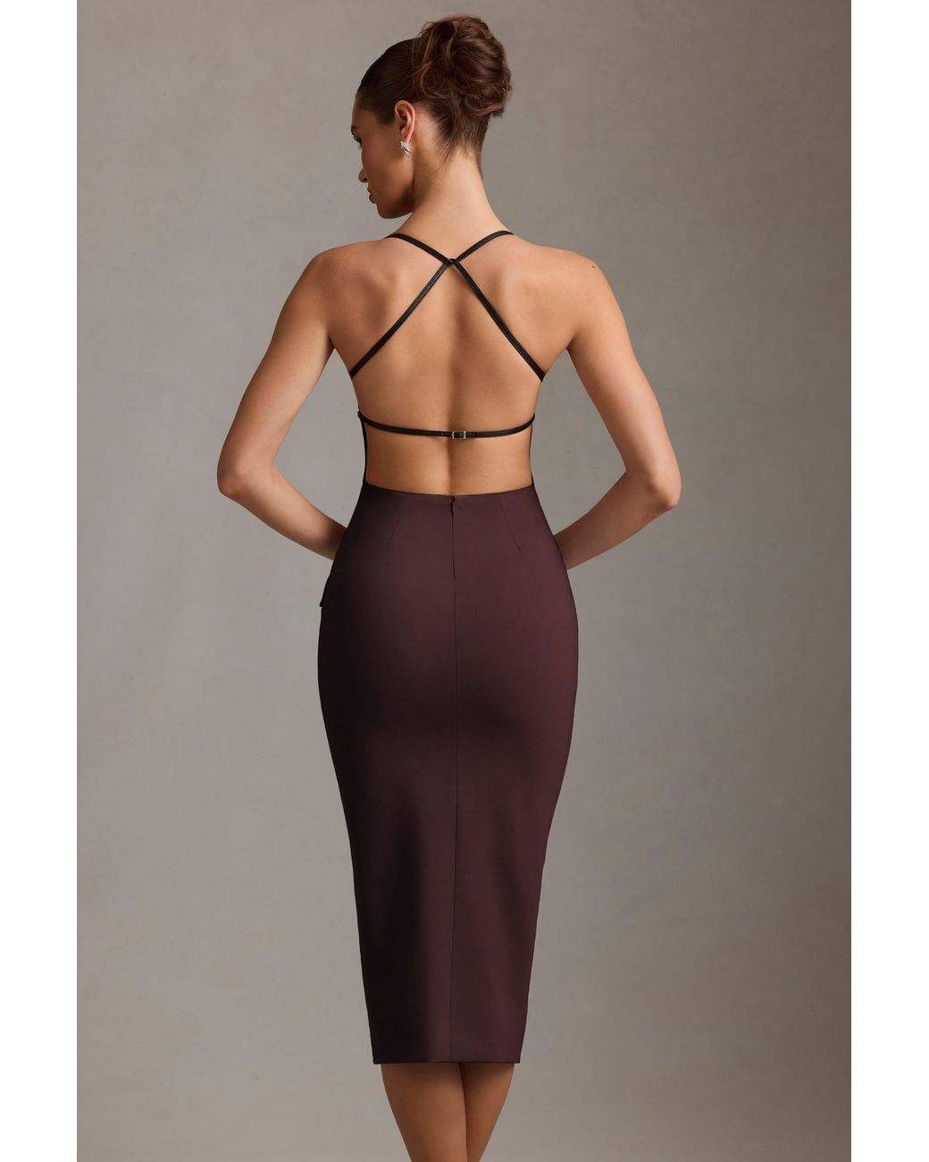 Oh Polly Brown Plunge-Neck Backless Midaxi Dress
