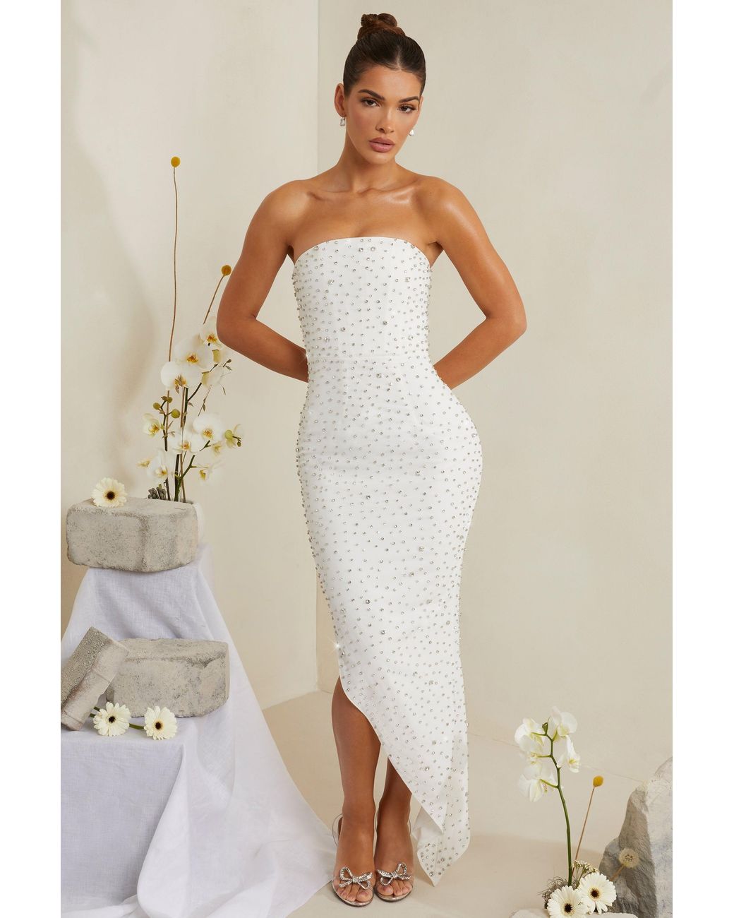 Oh Polly White Hand Embellished Asymmetric Midi Dress