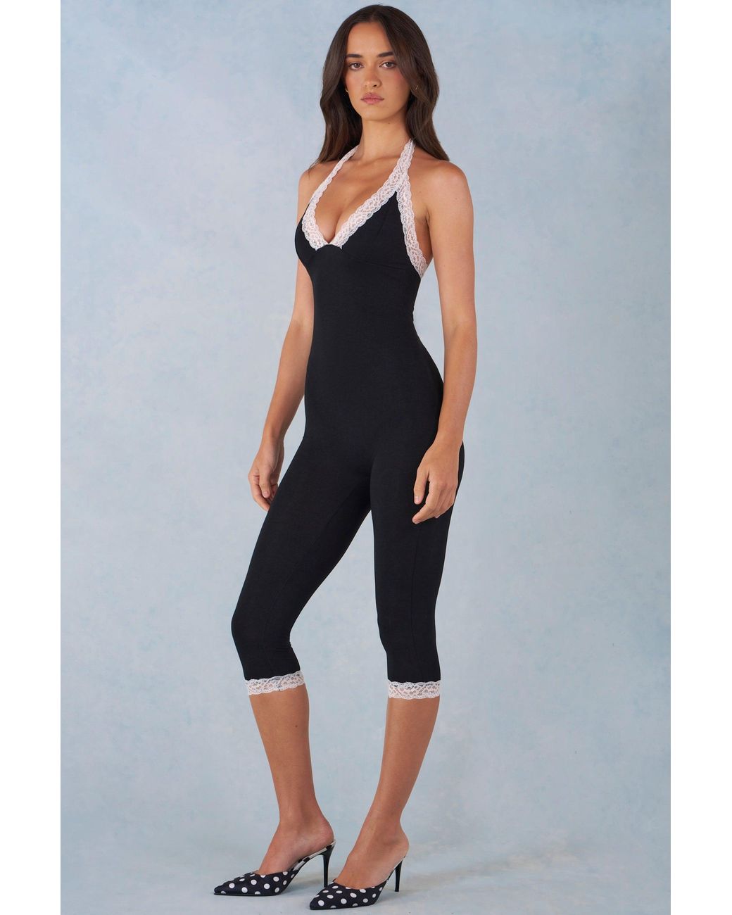 Oh Polly Black Modal Lace-Trim Capri Jumpsuit