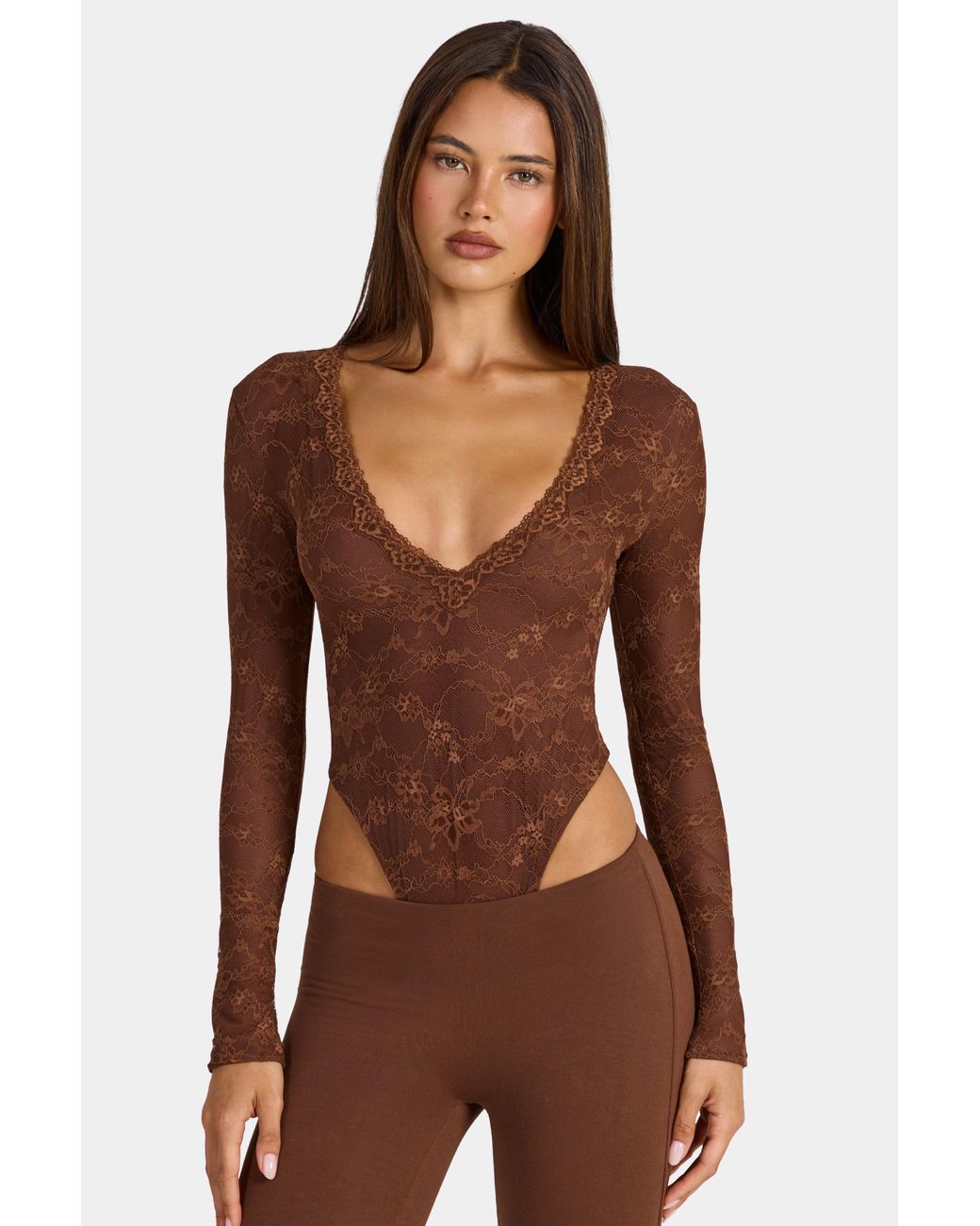Oh Polly Brown Lace Long-Sleeve Bodysuit