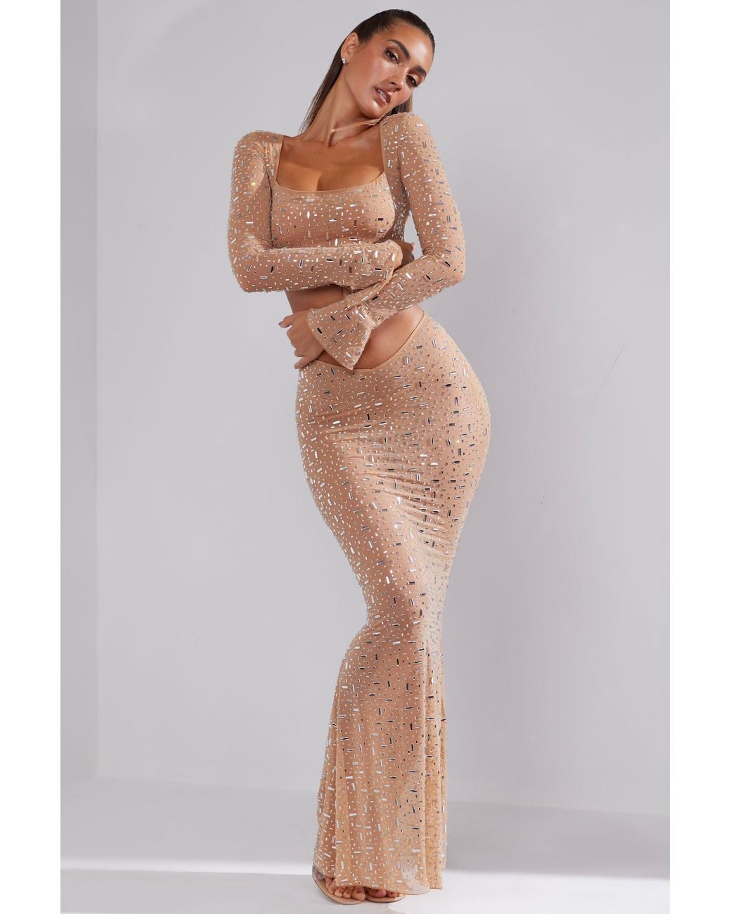 Oh Polly Natural Sheer Embellished V-Waist Maxi Skirt