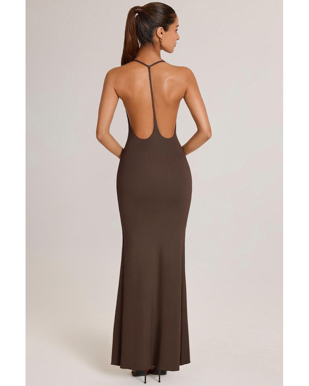 Oh Polly Brown Modal Plunge Backless Maxi Dress